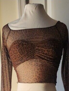 Brown Leopard Print Sheer Long-Sleeve Crop Top
